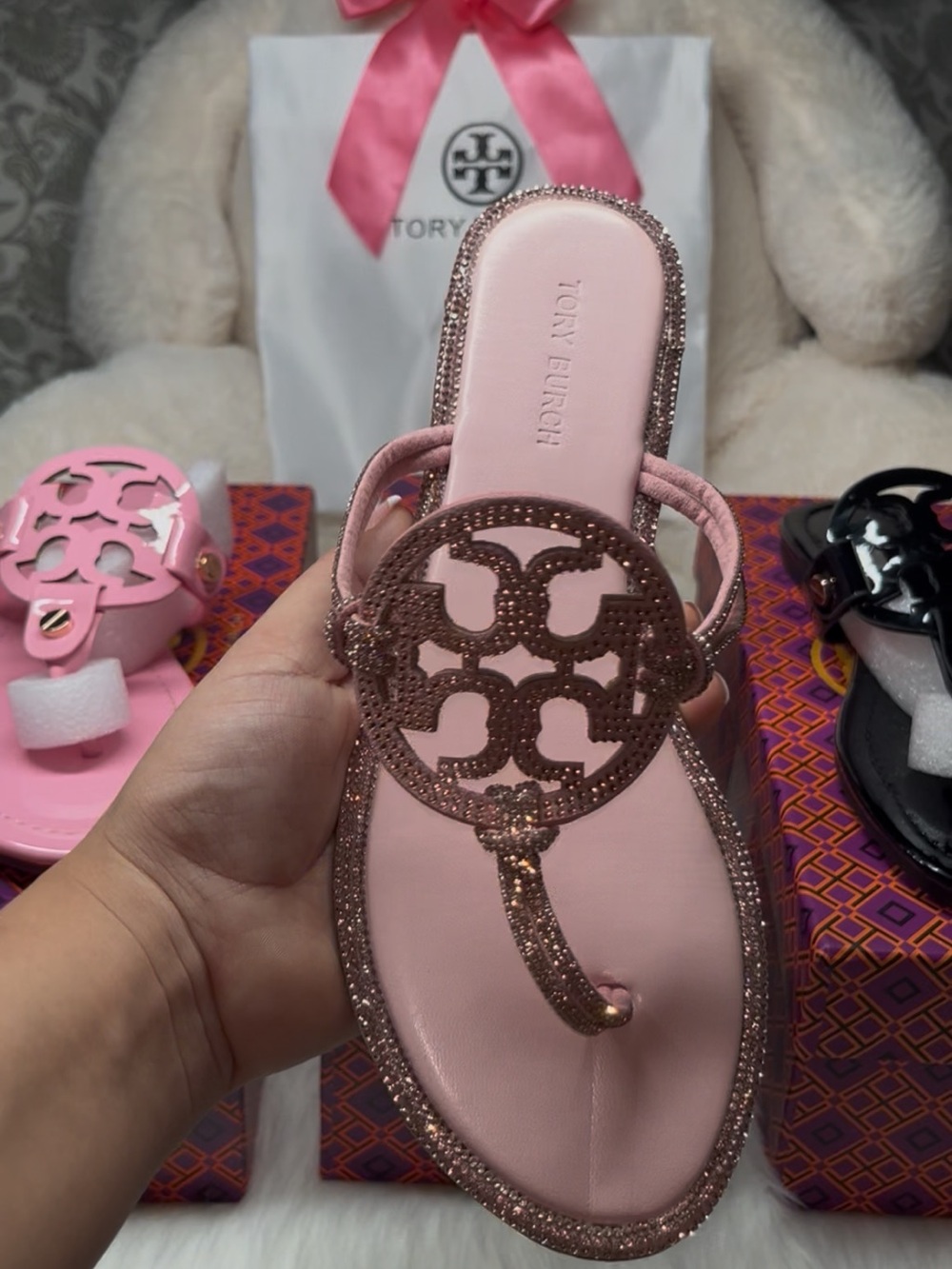 Tory Burch Blush Crystal-Embellished Logo Thong Sandal - Picture 3 of 3